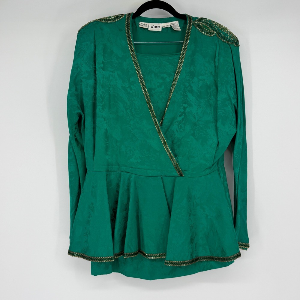 Vintage d'ore Emerald Green 100% Silk Beaded Peplum Top & Skirt Set Size 12